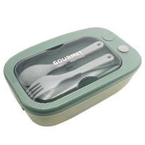 1 Set Bento Case Easy To Clean Household Supplies Plastic Students 2 Grids Lunch Carrying Box with Cutlery Useful Keep Freshing žalia
