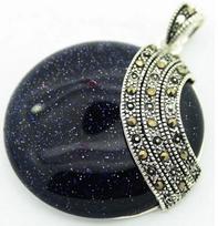 RARE HUGE 925 STERLING SILVER NATURAL BLUE SANDJADE ROUNDDLE PENDANT 35X35mm
