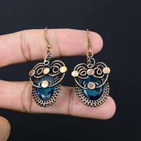 Blue Topaz Gemstone Handmade Pure Copper Wire Wrapped Earring Jewelry For Memorial Day 2.56 Inches mėlyna