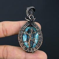 Wonderful Tree Of Life Blue Topaz Gemstone Handmade Pure Copper Wire Wrapped Pendant Jewelry 2.56 Inches mėlyna