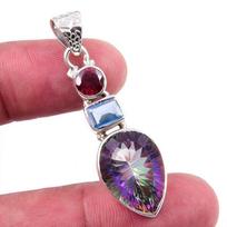 Natural Mystic Topaz,Blue Topaz Gemstone 925 Solid Silver Pendant 1.75'' u9E91