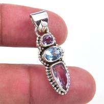 Natural Pink Amethyst,Blue Topaz 925 Solid Sterling Silver Pendant 1.25'' U4M82