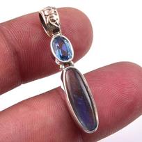 Natural Labradorite, Blue Topaz 925 Solid Sterling Silver Pendant 1.50'' N0R75