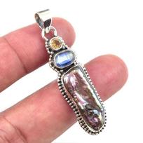 Natural Biwa Pearl,Kyanite Gemstone 925 Solid Sterling Silver Pendant 2'' p9f49