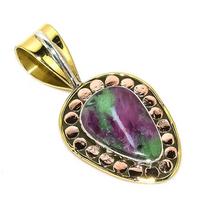 Ruby In Zoisite Lab-Created 925 Sterling Silver Gift Two Tone Pendant 1.25  O3t75