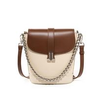Fashionable Contrasting Color Bucket Bag New Versatile Single Shoulder Crossbody Bag Trendy Genuine Leather Women's Bag beige