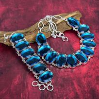 Faceted Blue Topaz Bracelet & Necklace, 925 Solid Sterling Silver Jewelry Set, Beauteous Gemstone Jewelry For Her, Handmade Topaz Jewelry Set For Love Adjustable With 8"-18" mėlyna