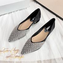 Spring New Style French Press Diamond Women's Shoes One Pedal Pointy Toe Thick High Heel Large Size Women's Shoes 33