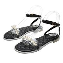 Transparent Pearl Sandals  New Summer Outer Wear Sandals and Slippers Flat Roman Sandals Latex Beach Shoes 34 juoda