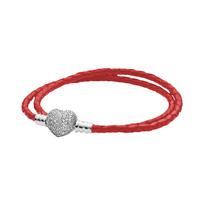S925 Silver Double Loop Heart Braided Leather Bracelet Fit Original  Charms for Women Jewelry Making 18cm