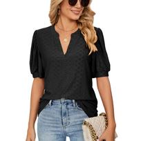Europe and The United States 2024 Summer Casual V-neck Solid Color Hollow Bubble Sleeve Loose T-shirt Blouse Female 2XL pink