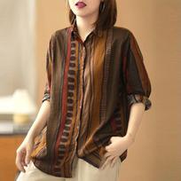 Literary Retro Casual Loose Printing Thin Cotton Linen Long-sleeved Women's Fall Bottoming Shirt Plus Size XXXL kava