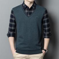 Autumn and Winter New Men's Fake Two-Piece Bottoming Shirts Shirt Collar Plaid Loose Fashion Casual T-shirt Sweater M