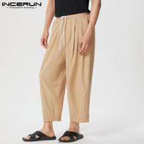 INCERUN Men Elastic Waist Casual Baggy Straight Pants Drawstring Harem Trousers S chaki