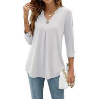V Neck 3/4 Sleeve Women  Pin Decor Pleated Hem Solid Color Spring Autumn  Slim Fit Tunic T-shirt Tops Blouse T-shirt Plus Size XXL balta
