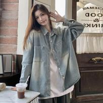 Fashion Retro Denim Shirt Jacket Women's Lazy Style Long Sleeve Outer Long Women's Tops S šviesiai mėlyna spalva