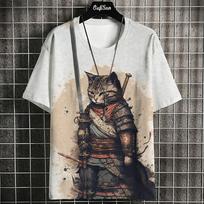 Samurai Cat Men's Printed T-Shirt Japanese Short Sleeve T-Shirt 3XL white