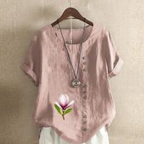 Women's Fashion Pink Flower Shot Sleeve T-shirt Loose Cotton Shirt Casual Loose Summer Blouse Tops Plus Size S rožinė