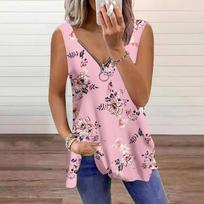 Women's Top Summer Begonia Flower Printed Casual Plus Size Sleeveless Zipper V-neck Top Tank Top XS rožinė