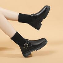 Women Korean Platform Boot Warm Square Button Botas De Mujer Women Winter Fashion Knitting Ankle Boots 40 juoda