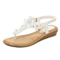 Summer Women Ladies Flower Crystal Pearl Shoes Woman Bohemian Flip Flops Flat Bottomed Sandals Beach Casual Shoes 45 balta