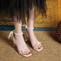fashion Pearl Sandals Fashion Strappy Women Shoes Heels Suit Female Beige Med  Comfort High Plastic Bow Clear Black 35 smėlis
