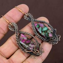 Ruby Zoisite Lab-Created Handmade Copper Wire Wrap Jewelry Earring 3.15 D4t41