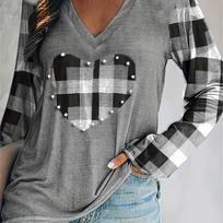 Vibrant Plaid Heart Print V-Neck Long Sleeve T-Shirt - Soft, Breathable, Casual Top for Spring and Fall - Women's Fashion Clothing for Everyday Wear S