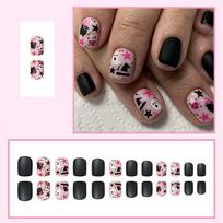 Halloween Fake Nails Short Press On Nails Square Black Full Cover Glue On Nails Halloween Nails With Cute Ghost One Size black