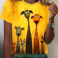 Vibrant Cartoon Dog Print  for Women Short SleeveCrew Neck  Essential Breathable Womens Clothing S