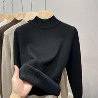 Autumn and Winter Plush Thick Velvet Base Women's Sweaters Long Sleeve Half High Collar Warm Knitted Sweater Ladies Elegant Solid Pullover Tops 24870 One Size juoda