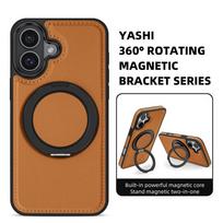 KEYSION Luxuxy PU Leather Case for MagSafe for iPhone 16 Plus 15 Plus 360 ° Rotating Magnetic Ring Stand Shockproof Phone Cover for iPhone 16 ruda