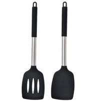2Pcs Silicone Spatula Slotted Food Grade Heat Resistant Dishwasher Safe Frying Fish Eggs Non-stick Pot Cooking Turner Cookware Utensils Kitchen juoda