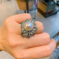 Australian Fritillary Pearl Slightly Set With Green Diamonds, Fashionable Ring, Adjustable Ring