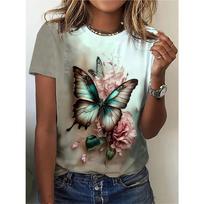 Vibrant Butterfly Print Crew Neck T-Shirt - Soft Mid-Elasticity Casual Short Sleeve Tee for Spring, Summer Womens Fashion Clothing for Everyday Wear XL