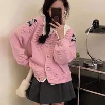 Autumn New Embroidered Flower Knitted Sweater Women Cardigan Winter Long Sleeve Vintage Women's Sweater Jacket Elegant Round Neck Knitwear Coat 25041 S rožinė