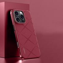 KEYSION Luxury Grid Pattern PU Leather Case for iPhone 16 Pro Max Plating PC Shockproof Phone Back Cover for iPhone 16 16 Pro for iPhone 16 raudona