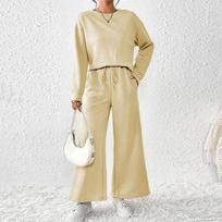 Autumn Women's Pure Color Wide Leg Pants Set Long Sleeved Round Neck Pullover Drawstring Pants Female Suit XL pilka