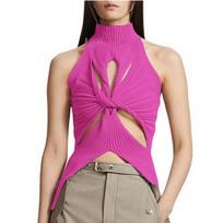 Women's Summer Sleeveless Vest Irregular Hollowed Out Kink Half High Neck Solid Color Crop Knitted Vest Top M