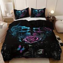 Madingas gotikinis rožių ir kaukolių rašto patalynės komplektas, minkštas ir švelnus odai antklodės užvalkalas miegamajam, svečių kambariui 2PCS Pillowcase48x74