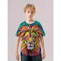 Arrival Summer Wolf Lion Graphic T-shirt for Kids - Active, Breathable, and Stretchy Summer Tee Men 3D Printed Short Sleeve 100 beige