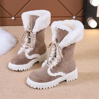 Snow Boots for Women with Thick Fur and Plush Autumn and Winter New Style Flat Bottomed Mid Tube Round Toe Cotton Shoes for Women 36 ruda