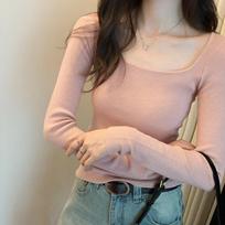 Korean style soft and waxy stretch U-neck sweater for women, new autumn and winter slimming black long-sleeved top S