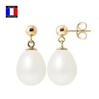 Compagnie Générale des Perles - Boucles d'Oreilles en Or et Véritables Perles de Culture 9-10 mm - Système Boule - Bijou Femme balta