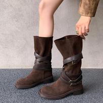 Plisuota sagtimi riterių batai moterims rudeniniai nauji dirbtiniai zomšiniai rudi batai iki vidurio blauzdos Moteriški batai su storu kulnu Botas De Mujer 36 black