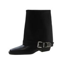 New Soft Leather Western Cowboy Trousers Boot for Women Slip-On  Buckle Decoration Chunky Heel Mid-Calf Botas Zapatos Mujer 35 black