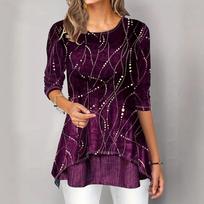 Women's fashion round neck digital printed slim fit long sleeved T-shirt top S violetinė