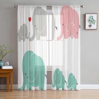 Animal Cute Elephant Love Cartoon Tulle Curtains for Kids Bedroom Living Room Window Treatments Sheer Voile for Kitchen Drapes W135 x H114cm white
