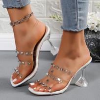 Fashion 2024 Summer Fashion Rivet Women's Slippers New Transparent High Heels Women's Sexy Square Toe Party Dress Shoes Women's Slippers 35 balta