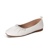 Flats Shoes Women French Style Pearl Women's Shoes Shallow Mouth Square Toe Soft Sole Shoes for Women Flats Zapatos De Mujer 35 balta
